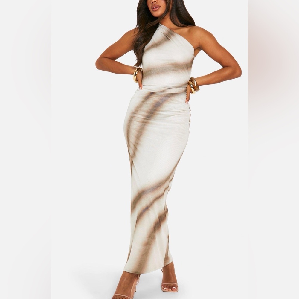 Light One-Shoulder Mesh Maxi Dress in Taupe Swirl